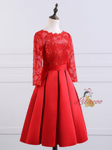 Red Satin Lace Short Sleeve Homecoming Dress