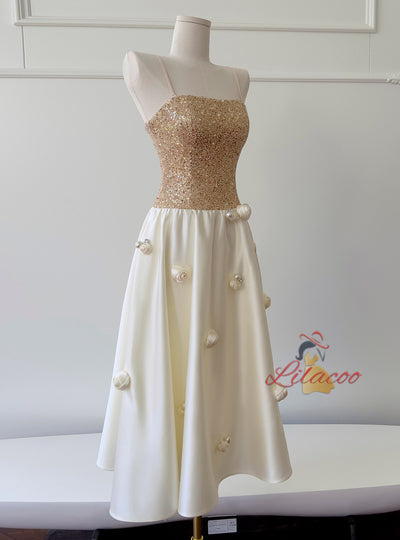 Satin Spaghetti Straps Sequins Prom Dress