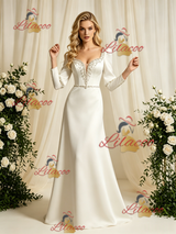 Beige Satin Long Sleeve Beading Wedding Dress