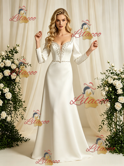 Beige Satin Long Sleeve Beading Wedding Dress