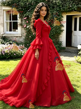 Red V-neck Long Sleeve Quinceanera Dress
