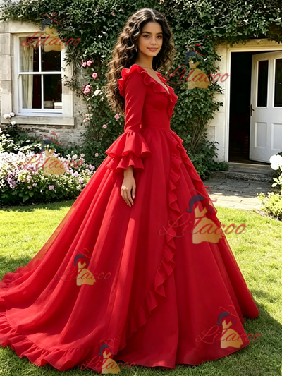 Red V-neck Long Sleeve Quinceanera Dress