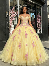 Yellow Tulle Off the Shoulder Appliques Quinceanera Dress