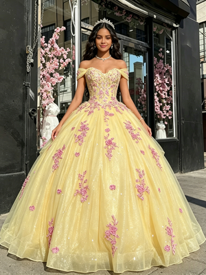 Yellow Tulle Off the Shoulder Appliques Quinceanera Dress
