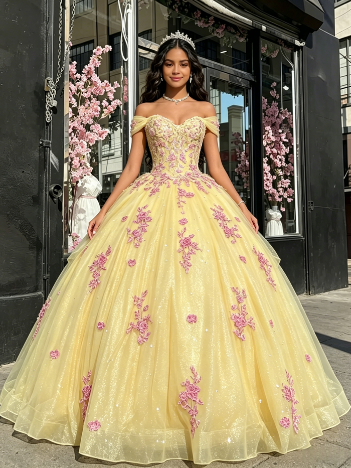 Yellow Tulle Off the Shoulder Appliques Quinceanera Dress