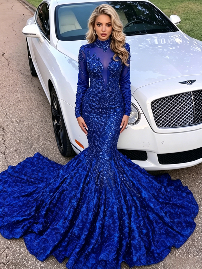 Blue Mermaid Sequins Long Sleeve Prom Dress