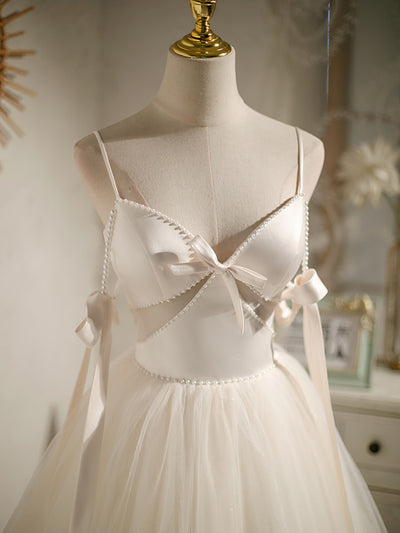 Ivory Tulle Satin Pearls Homecoming Dress