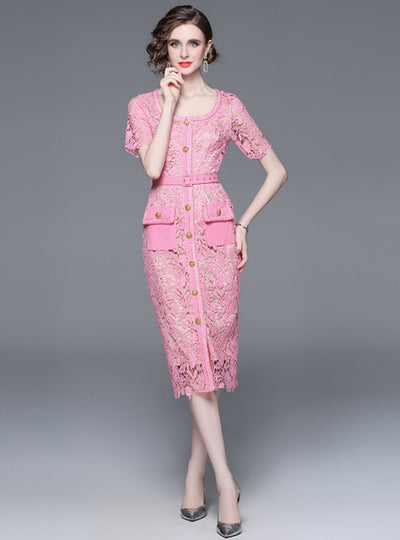 Pink Lace Stitching Slim Square Collar Dress
