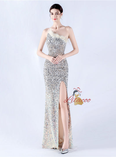 One Shoulder Sequins Feather Prom Dress