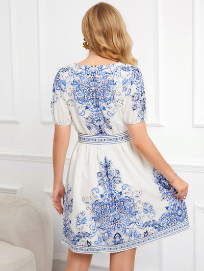 V-neck Short Sleeve Print Dress