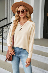 Solid Color V-neck Button Loose Long Sleeve T-shirt