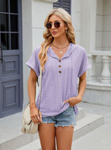 Solid Color Button Hooded Loose Short Sleeve T-shirt