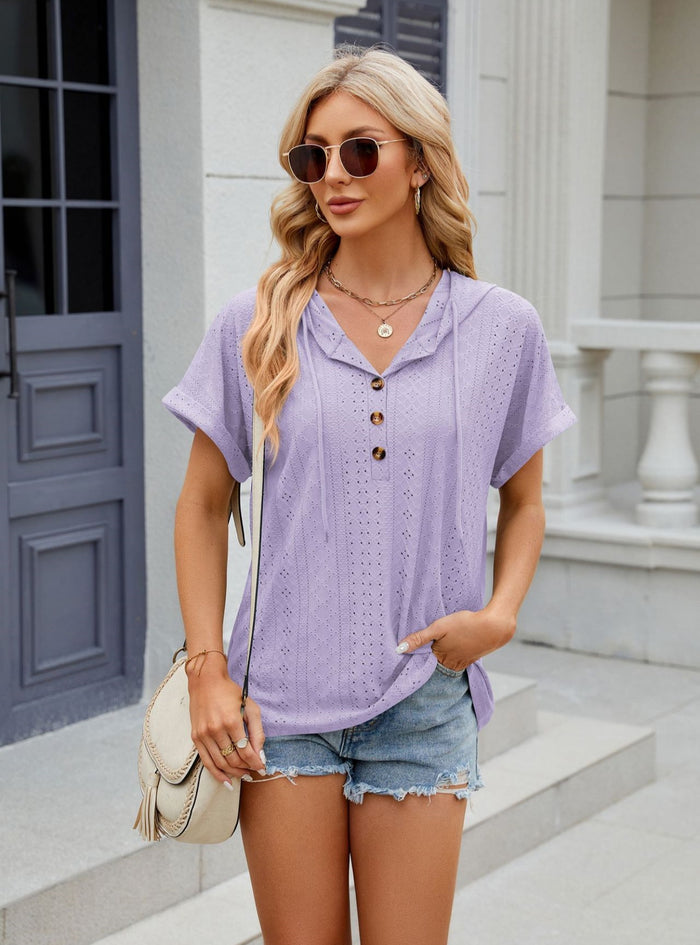 Solid Color Button Hooded Loose Short Sleeve T-shirt