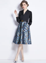 V-neck Long Sleeve Contrast Print Dress