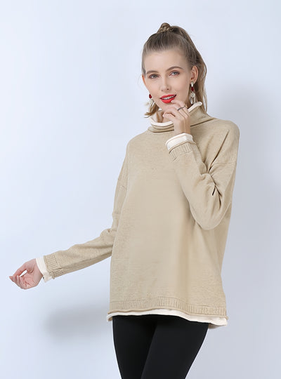 Pile Neck Elastic Knitted Loose Pullover Shirt