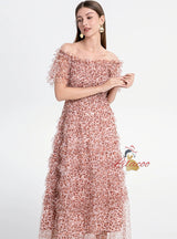 Off the Shoulder Puff Sleeve Leopard Print Gauze Dress