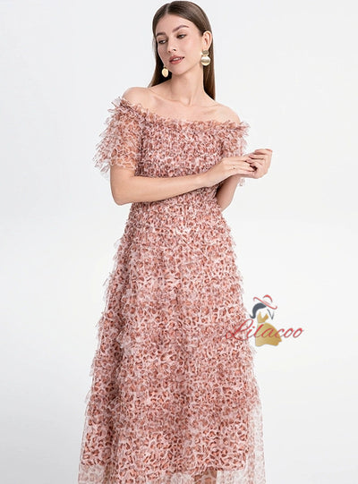 Off the Shoulder Puff Sleeve Leopard Print Gauze Dress