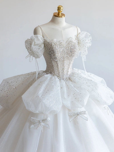 White Tulle Off the Shoulder Beading Wedding Dress