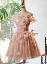 Pink Tulle Sequins Flower Homecoming Dress