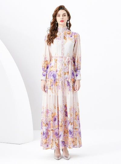 Retro Long Sleeve Slim Printed Dress