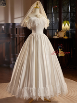 White Satin Lace Flower Wedding Dress