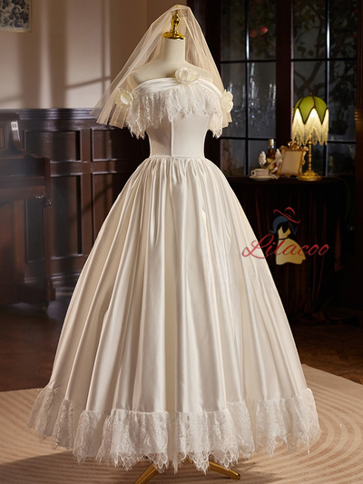 White Satin Lace Flower Wedding Dress