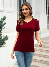 V-neck Lace Stitching Short Sleeve T-shirt
