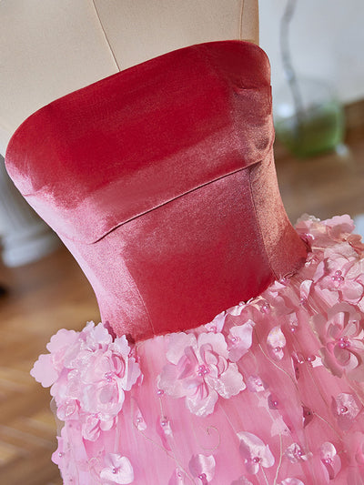 Pink Tulle Velvet 3D Appliques Prom Dress