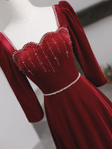Burgundy Velvet Long Sleeve Beading Prom Dress