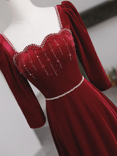 Burgundy Velvet Long Sleeve Beading Prom Dress