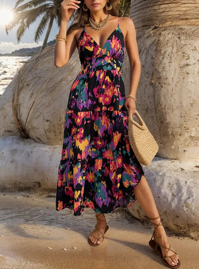 Split Sling Backless Printed Dress