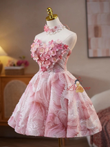 Pink Sequins Tulle Strapless Flower Homecoming Dress