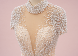 White Sheath Short Sleeve Pearls Prom Dress