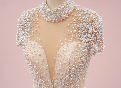 White Sheath Short Sleeve Pearls Prom Dress