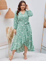 Butterfly Printed Ruffled Long-sleeved V-neck Dress