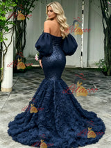 Navy Blue Mermaid Long Sleeve Prom Dress