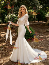 White Mermaid V-neck Lace Puff Sleeve Wedding Dress