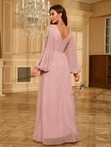 V-neck Bubble Sleeve Chiffon Evening Dress