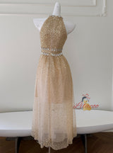 Champagne Sequins Halter Crystal Prom Dress