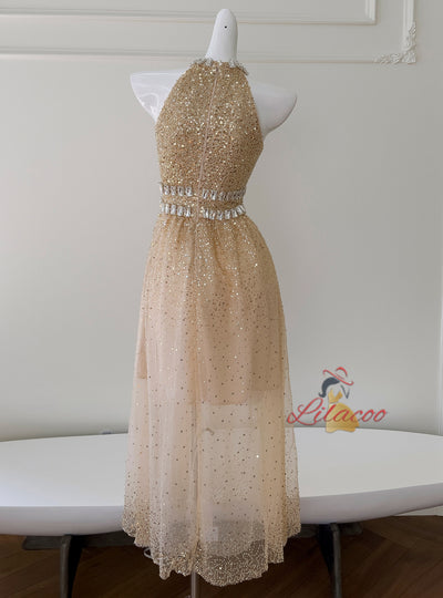 Champagne Sequins Halter Crystal Prom Dress
