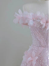 Pink Tulle Sequins 3D Flower Prom Dress