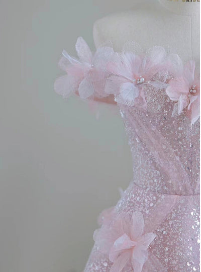 Pink Tulle Sequins 3D Flower Prom Dress
