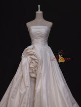Ivory Satin Strapless Pleats Flower Wedding Dress