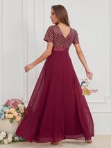 Chiffon Sequins V-neck Short Sleeve Prom Dress