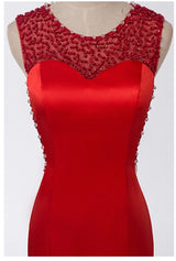 Red Mermaid Satin Beading Pearls Prom Dress