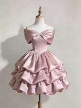 Pink Satin Off the Shoulder Tiers Homecoming Dress