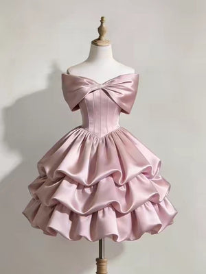 Pink Satin Off the Shoulder Tiers Homecoming Dress