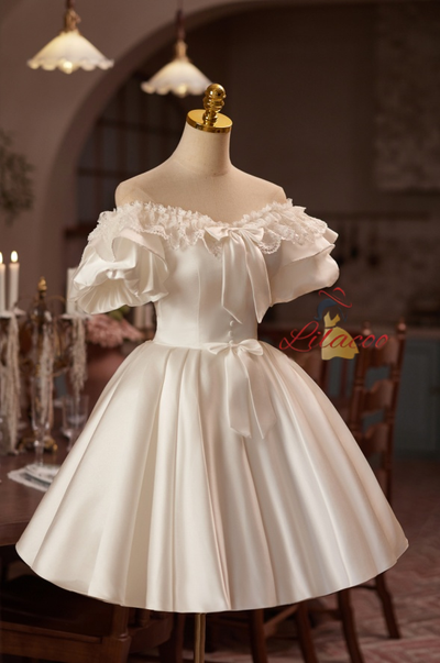 White Satin Puff Sleeve Wedding Dress