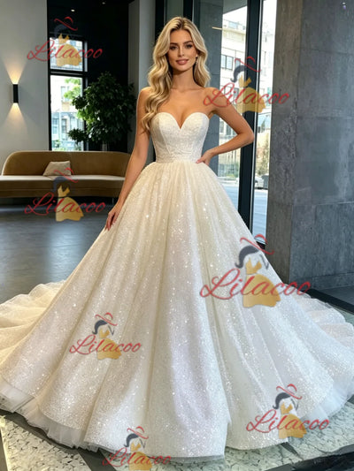 White Sequins Strapless Wedding Dress