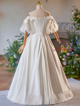 Ivory Satin Lace Puff Sleeve Bow Wedding Dress